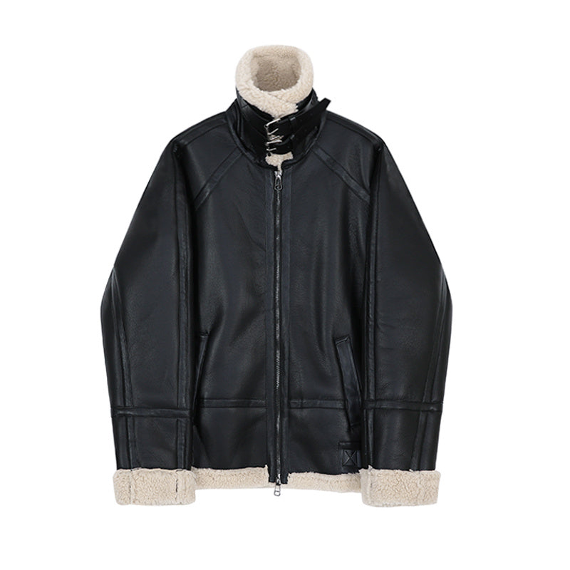 Men’s Fleece Padded Collar Lambskin Leather Jacket - Black / M