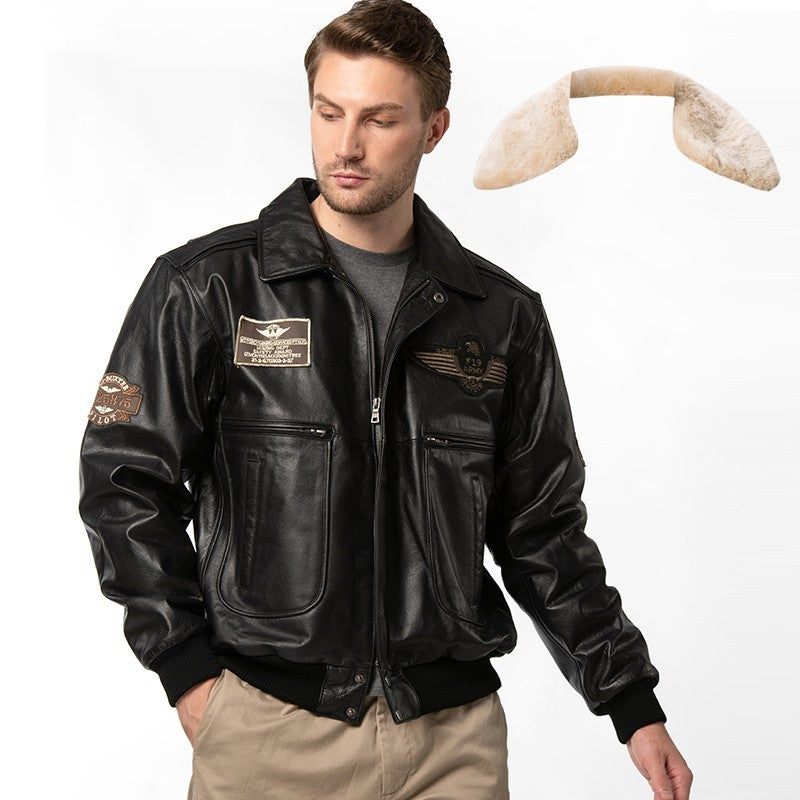 Men’s Fur Collar With Cotton Leather Jacket - Black / S