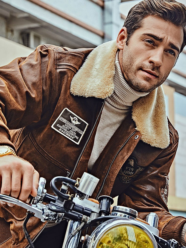 Men’s Fur Collar With Cotton Leather Jacket - Brown / S