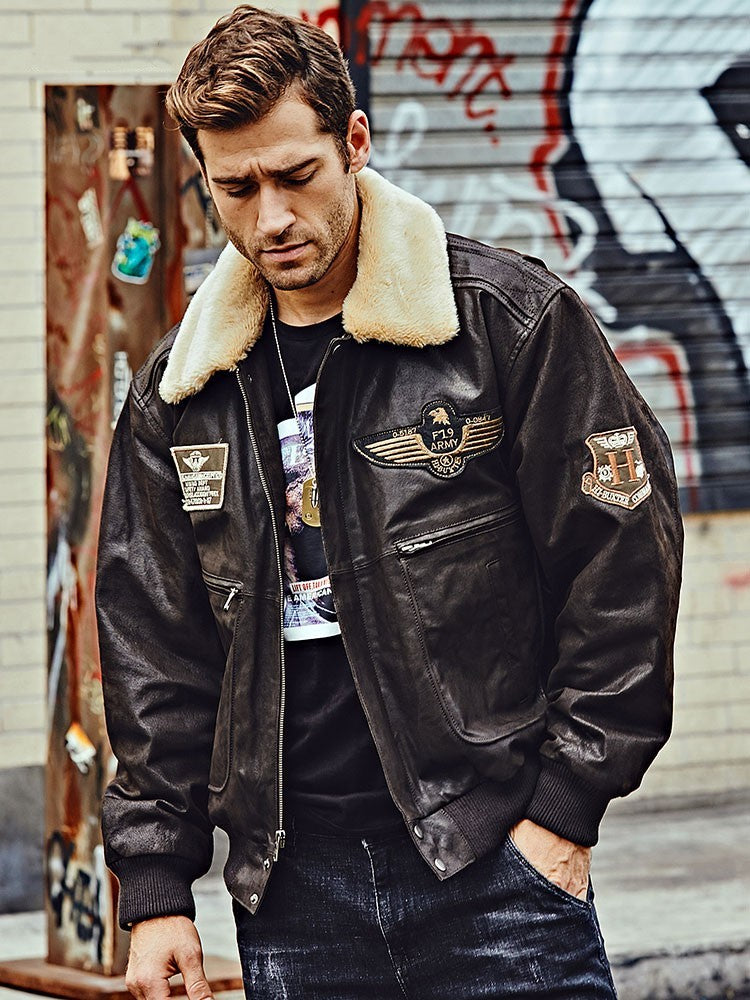Men’s Fur Collar With Cotton Leather Jacket - Dark brown / S
