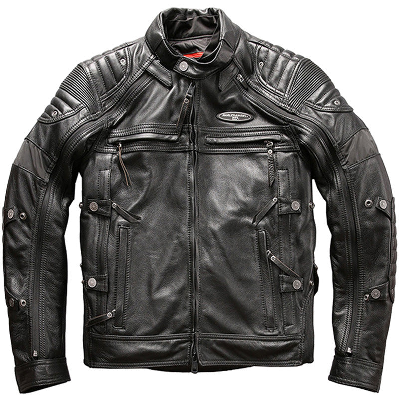 Men’s Genuine Leather Stand Collar Slim Motorcycle Suit - Black / M