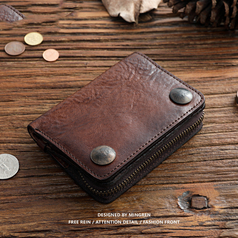Men’s High-end Short Wallet Buckle Top Layer Cowhide - Coffee