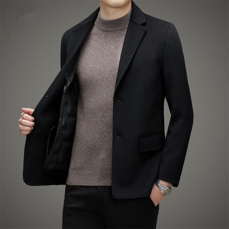 Men’s High-end Suit Reversible Woolen Coat Short Detachable 90 White Duck Down Liner Suit Jacket - Black / 170/M