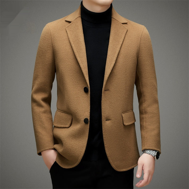 Men’s High-end Suit Reversible Woolen Coat Short Detachable 90 White Duck Down Liner Suit Jacket - Khaki / 170/M