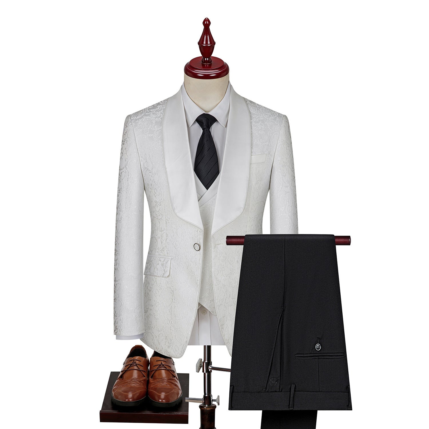 Men’s Jacquard Suit Wedding Dress Groom Suit Suit Host Performance Costume - White / 44