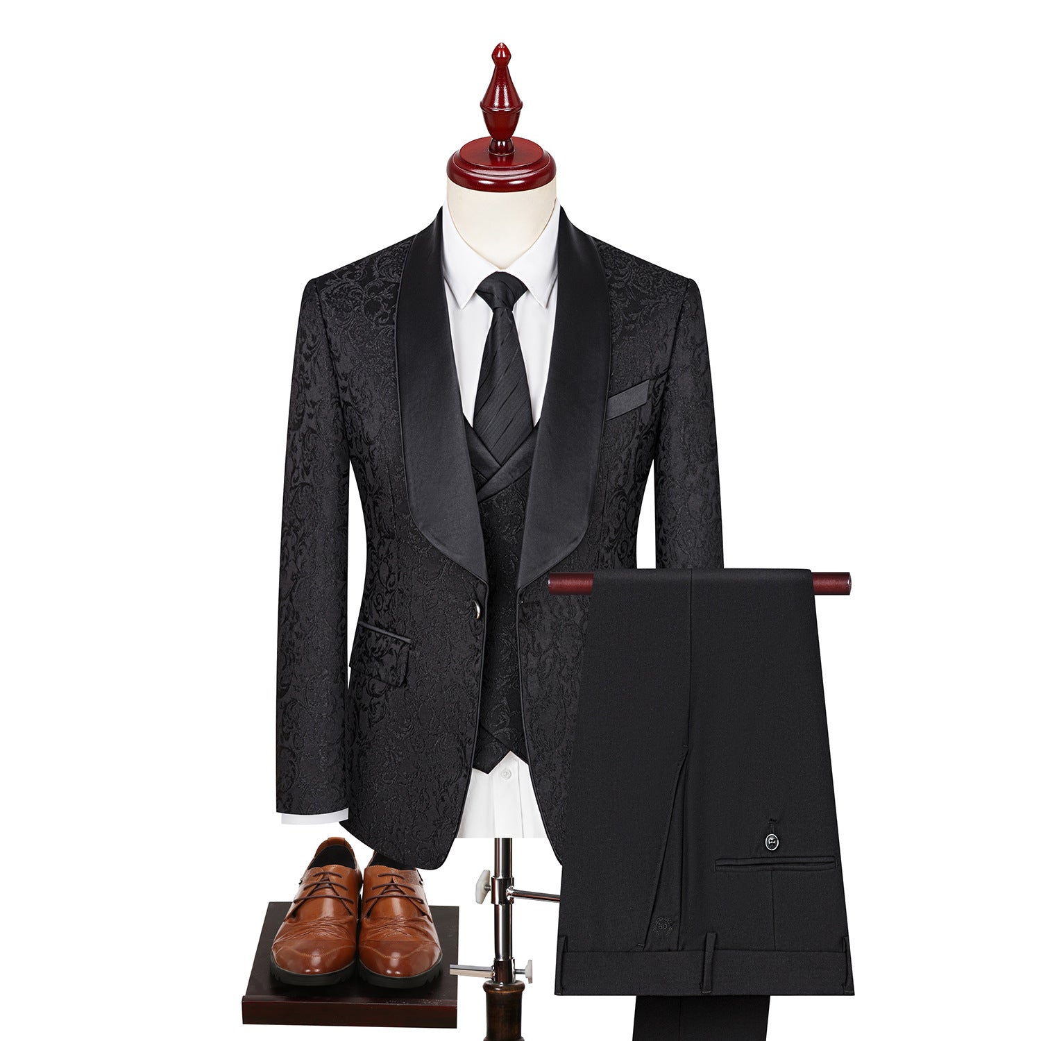 Men’s Jacquard Suit Wedding Dress Groom Suit Suit Host Performance Costume - Black / 44