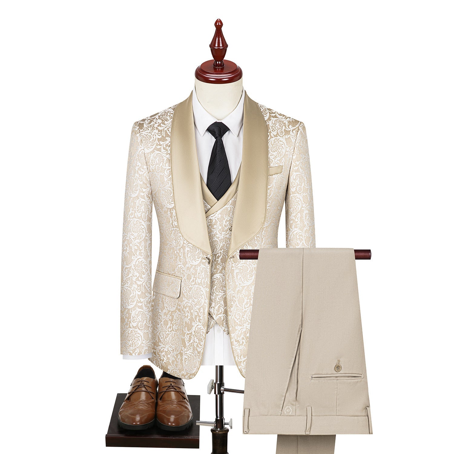 Men’s Jacquard Suit Wedding Dress Groom Suit Suit Host Performance Costume - Beige / 44