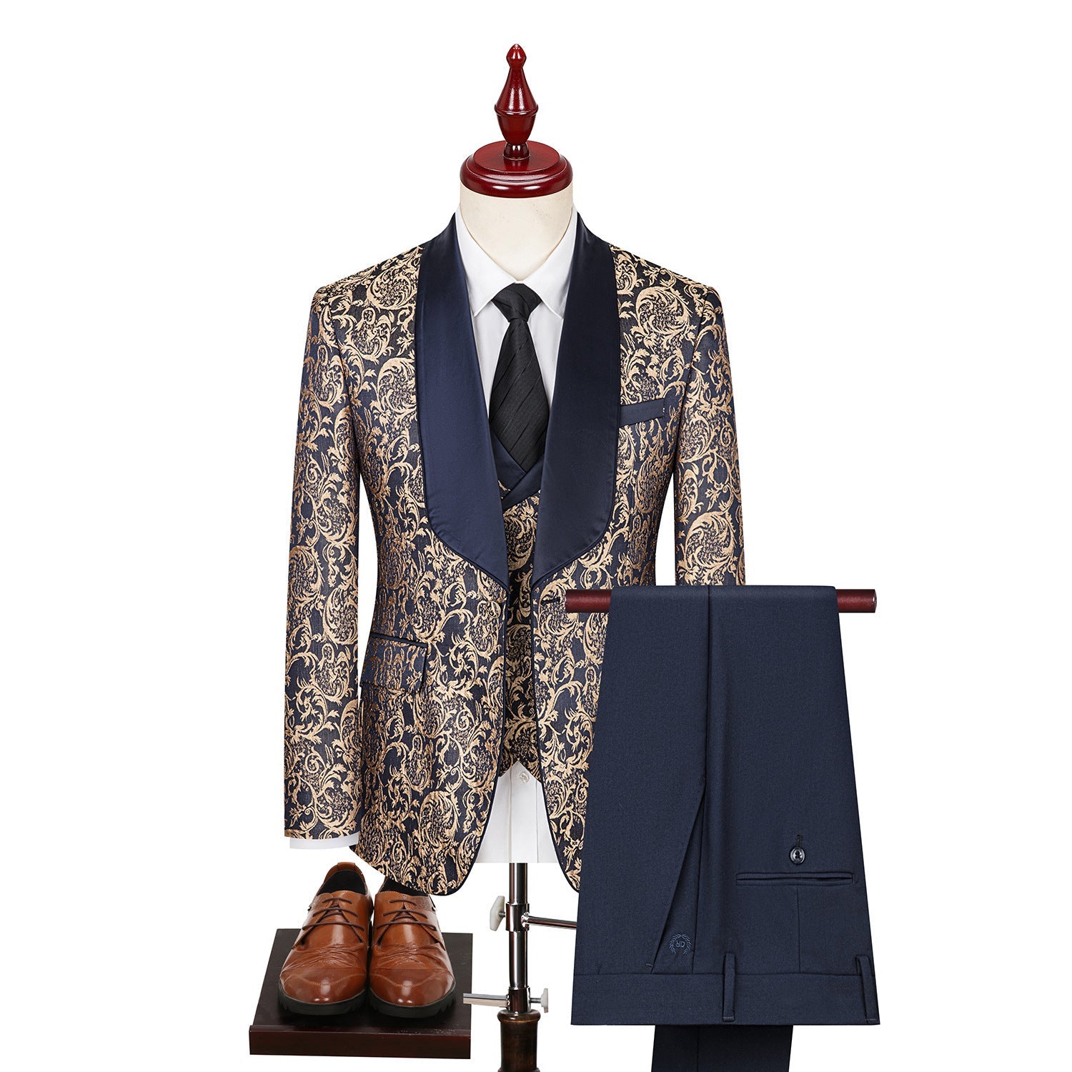 Men’s Jacquard Suit Wedding Dress Groom Suit Suit Host Performance Costume - Blue / 44