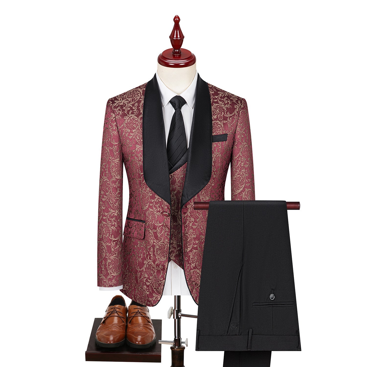 Men’s Jacquard Suit Wedding Dress Groom Suit Suit Host Performance Costume - Red / 44