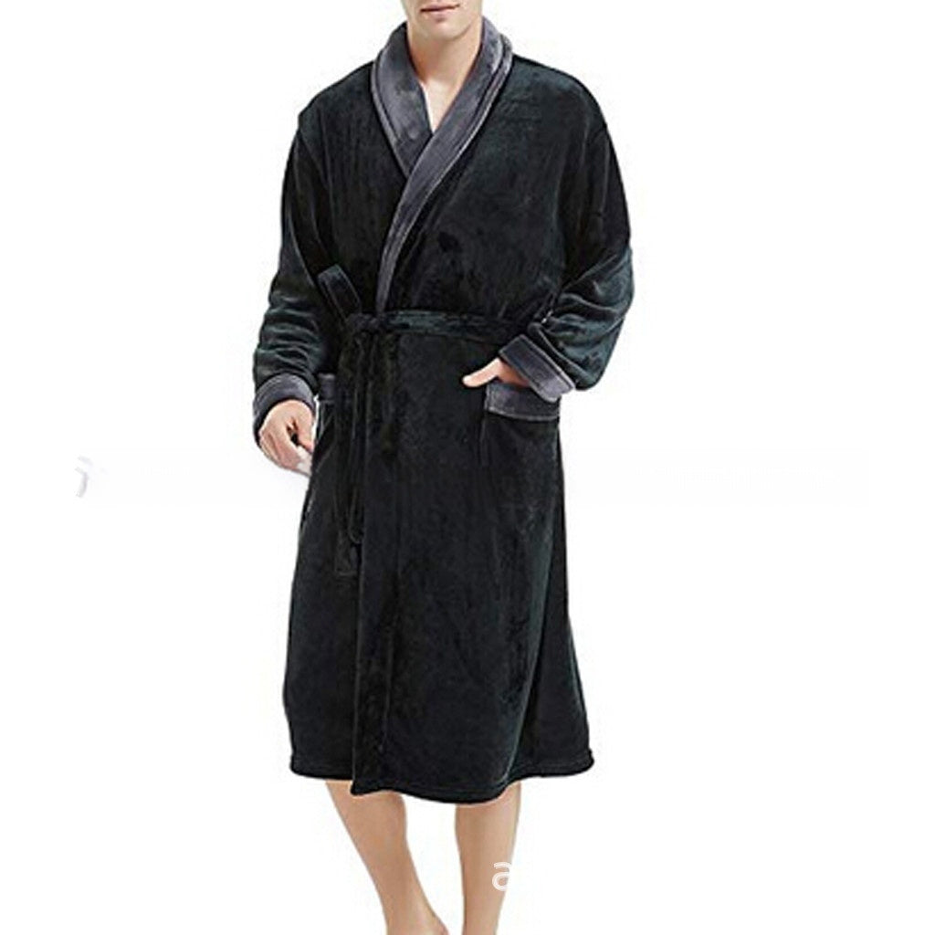 Men’s Large Size Bathrobe Long Sleeve Nightgown - Lapel Black With Gray / S