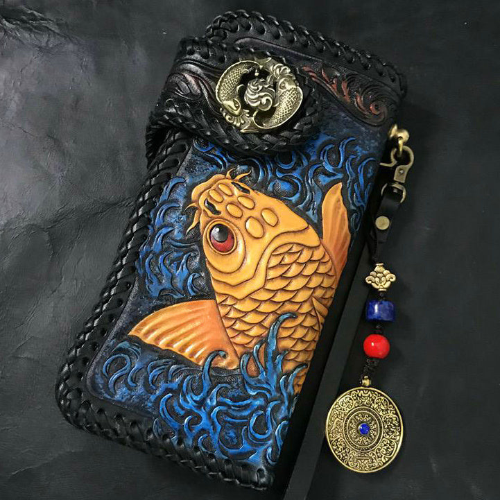 Men’s Leather Art Handcrafted Carved Bag - Goldfish buckle