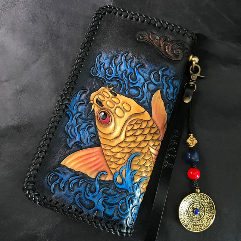 Men’s Leather Art Handcrafted Carved Bag - Goldfish weaving