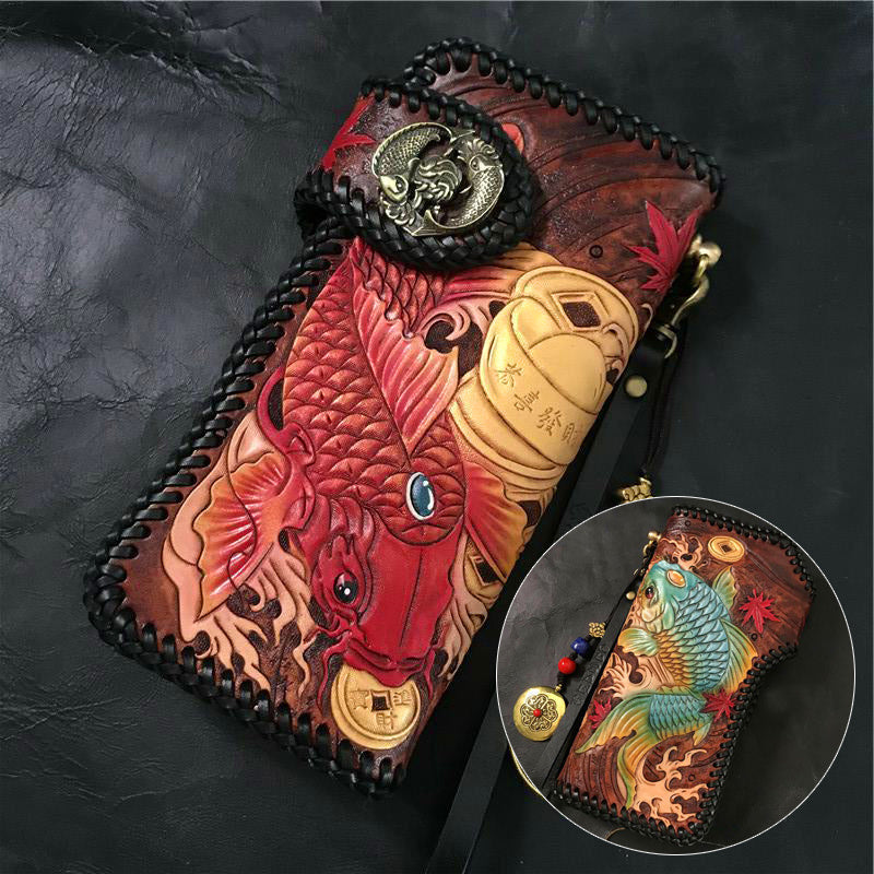 Men’s Leather Art Handcrafted Carved Bag - Red and Blue Double Carp