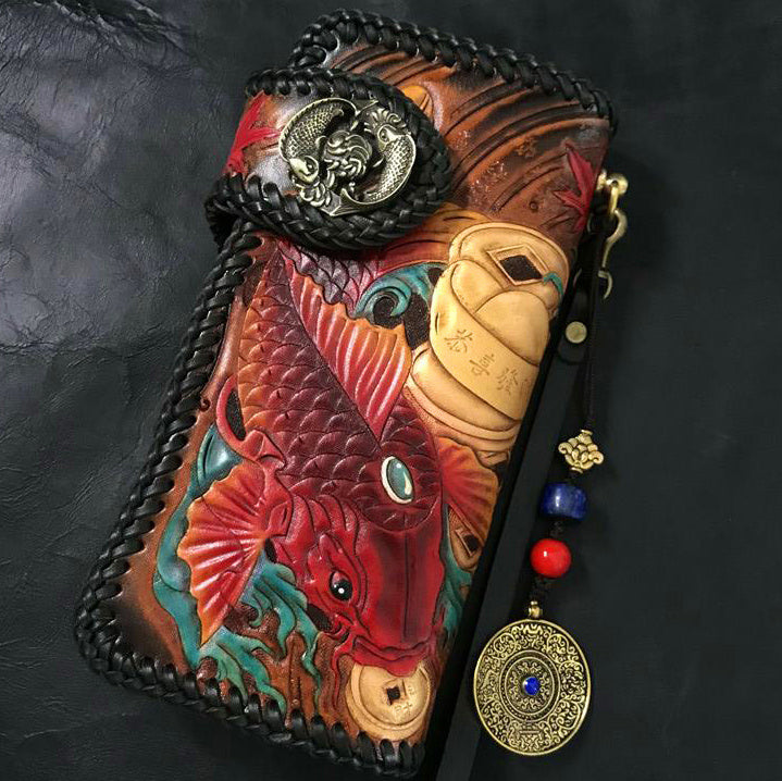 Men’s Leather Art Handcrafted Carved Bag - Red Double Carp Buckle