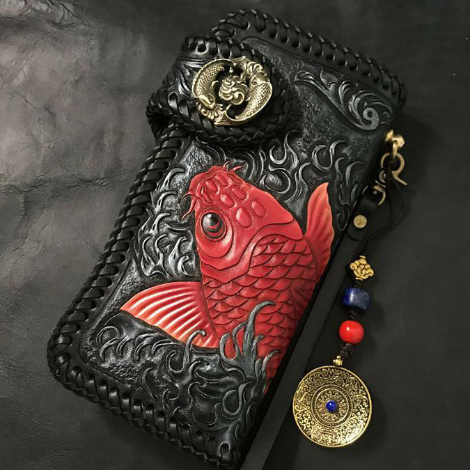 Men’s Leather Art Handcrafted Carved Bag - Red fish buckle