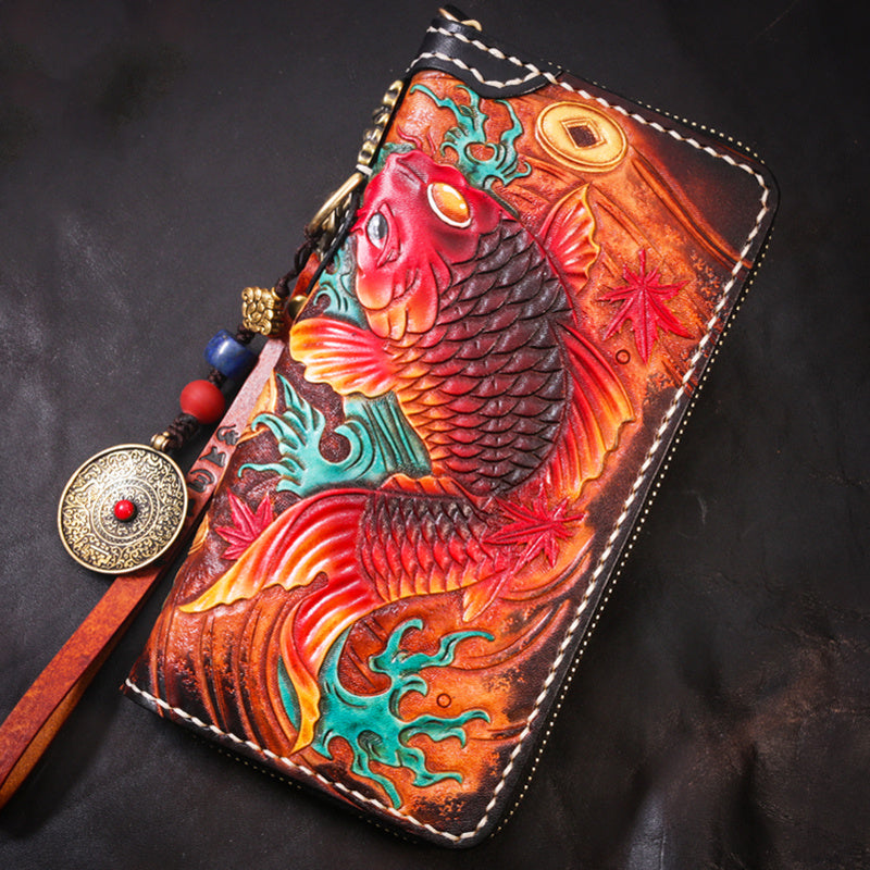 Men’s Leather Art Handcrafted Carved Bag - Snow Lion Red Double Carp