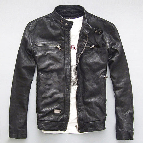 Men’s Leather Leather Slim-fit Motorcycle Goatskin Leather Jacket Cowhide - Black cowhide / S