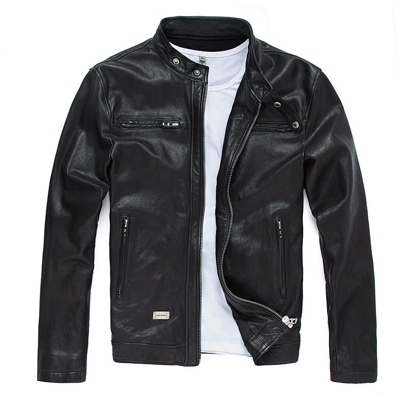 Men’s Leather Leather Slim-fit Motorcycle Goatskin Leather Jacket Cowhide - Black goatskin / S