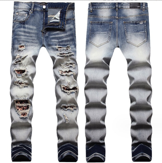 Men’s Light Color Damage Patch Worn Jeans