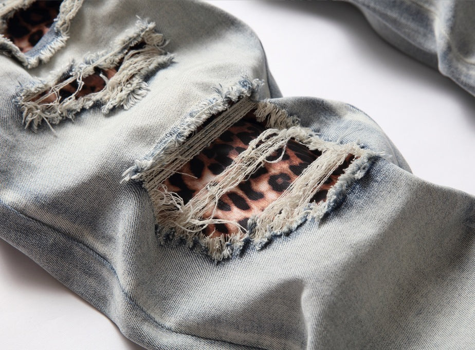 Men’s Light Color Damage Patch Worn Jeans