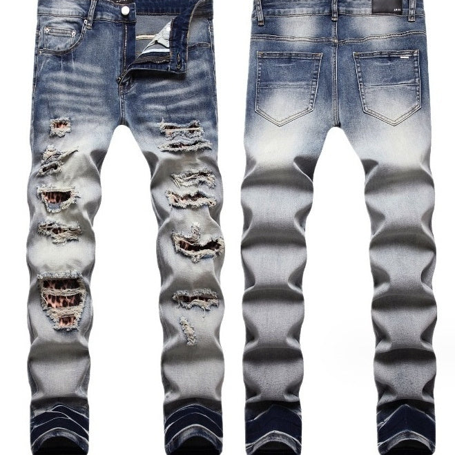 Men’s Light Color Damage Patch Worn Jeans