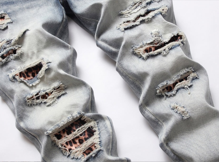 Men’s Light Color Damage Patch Worn Jeans