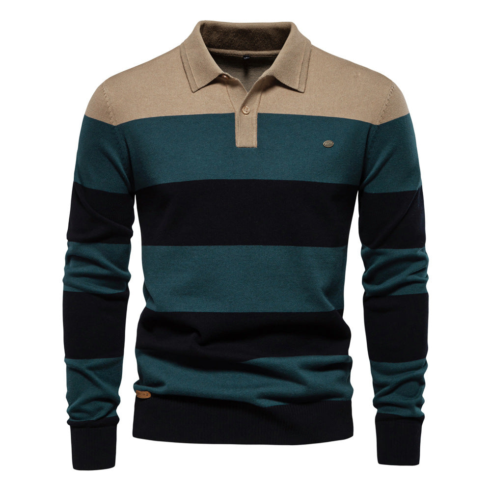 Men’s Long Sleeve Polo Collar Sweater Slim Lapel - Khaki / S