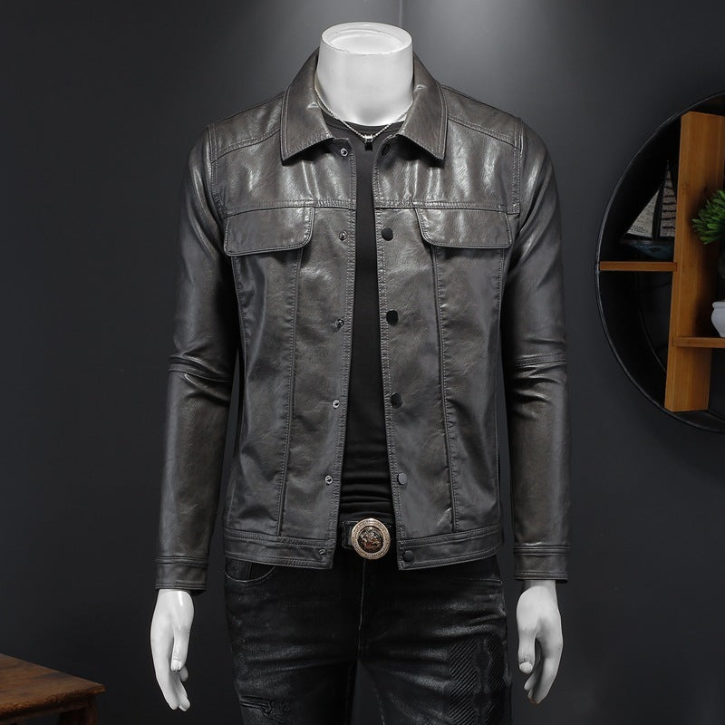 Men’s Long-sleeved Lapel Motorcycle Pu Handsome Leather Coat