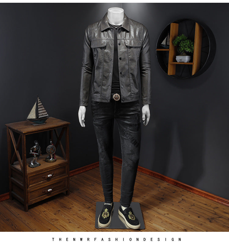 Men’s Long-sleeved Lapel Motorcycle Pu Handsome Leather Coat