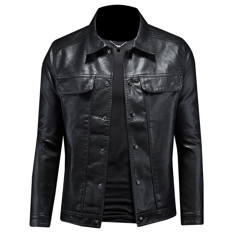 Men’s Long-sleeved Lapel Motorcycle Pu Handsome Leather Coat