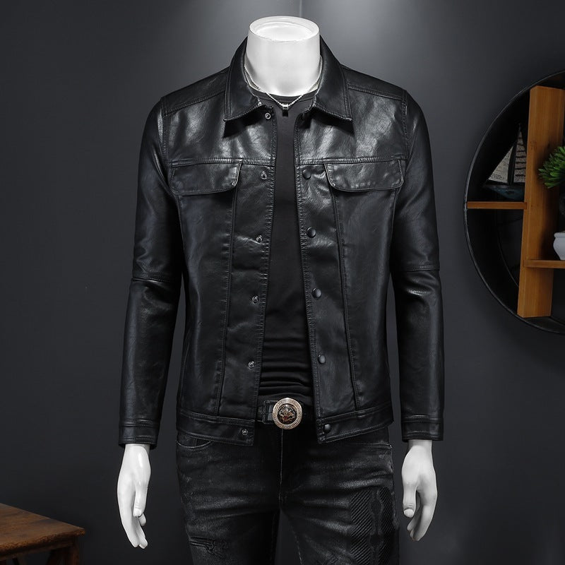 Men’s Long-sleeved Lapel Motorcycle Pu Handsome Leather Coat