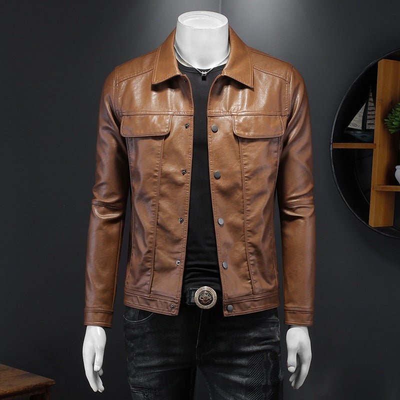 Men’s Long-sleeved Lapel Motorcycle Pu Handsome Leather Coat - Khaki / M