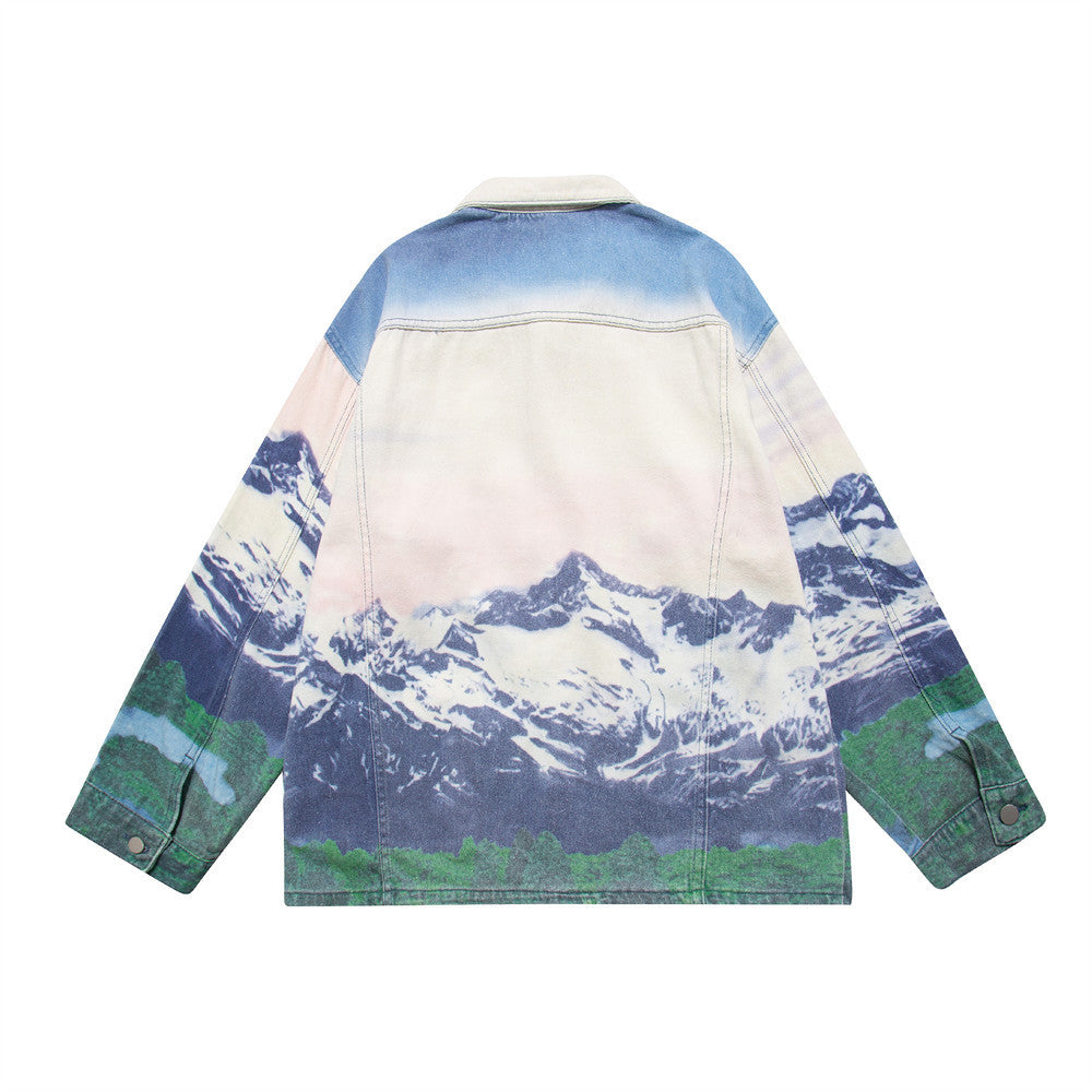 Men’s Loose Casual Full Print Landscape Snow Mountain Pattern Jacket