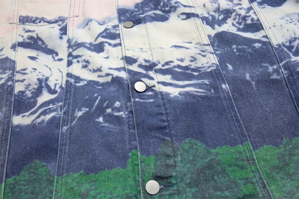 Men’s Loose Casual Full Print Landscape Snow Mountain Pattern Jacket