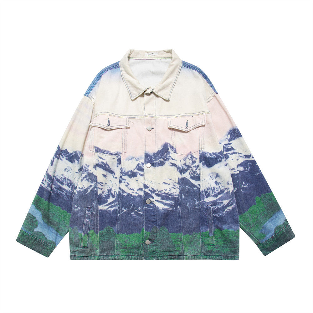 Men’s Loose Casual Full Print Landscape Snow Mountain Pattern Jacket - White / M