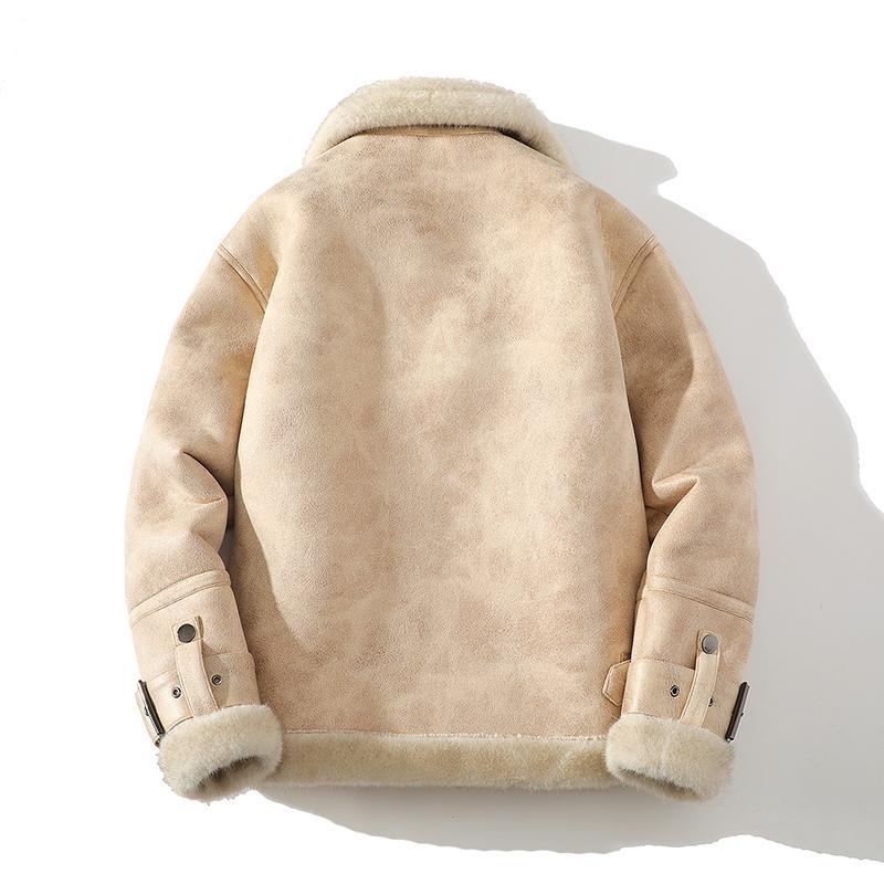 Men’s Loose Plus Size Fur Integrated Fleece Lined Padded Warm Keeping Lapel Casual Jacket
