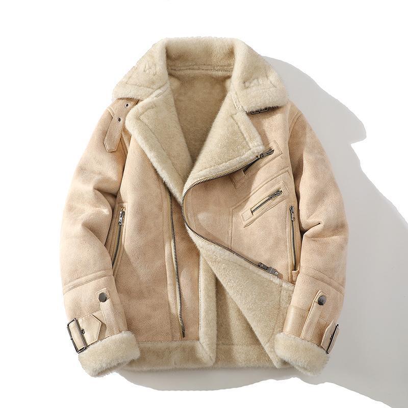 Men’s Loose Plus Size Fur Integrated Fleece Lined Padded Warm Keeping Lapel Casual Jacket - Beige / S