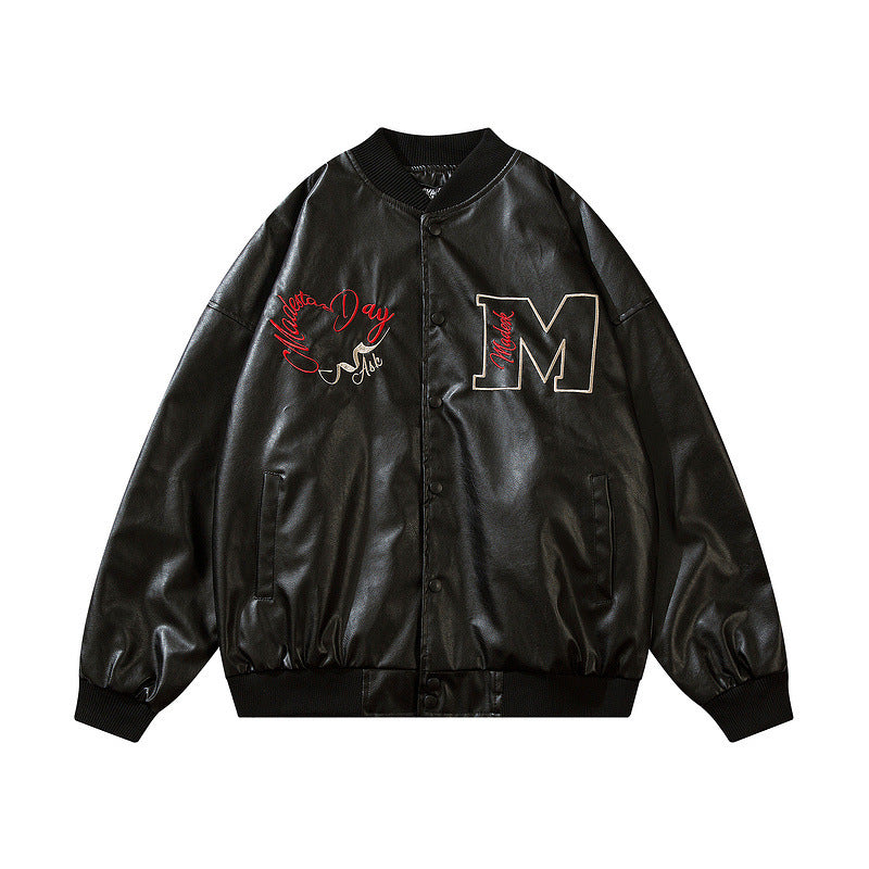 Men’s Loose Vintage Embroidered Baseball Jacket - 9337Black / M