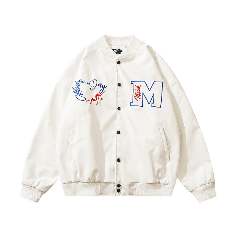 Men’s Loose Vintage Embroidered Baseball Jacket - 9337White / M