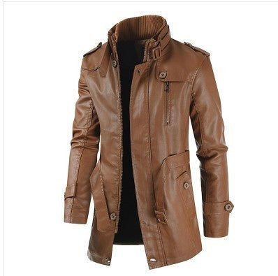 Men’s Mid-length Leather Coat Stand Collar Fleece-lined Thickened - Light Brown / L