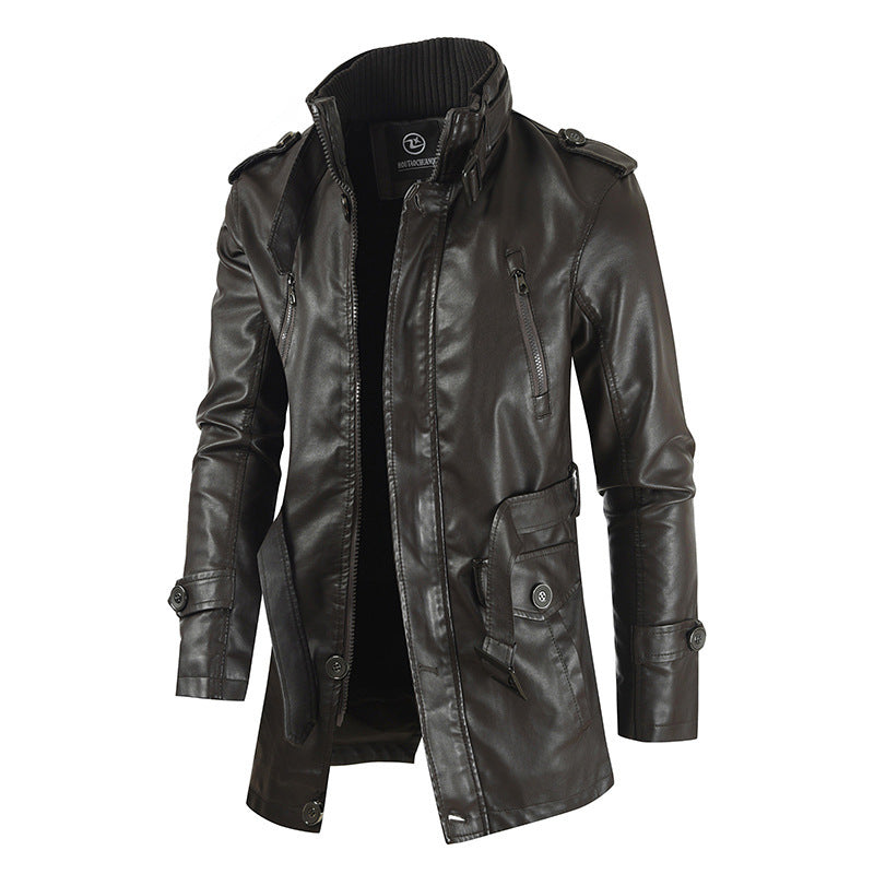 Men’s Mid-length Leather Coat Stand Collar Fleece-lined Thickened