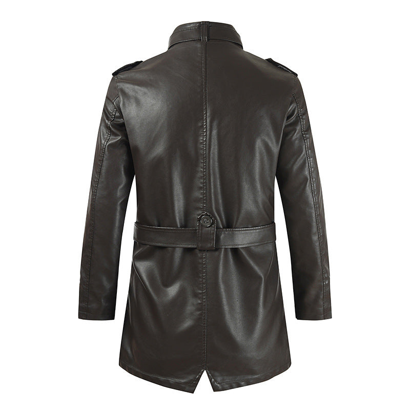 Men’s Mid-length Leather Coat Stand Collar Fleece-lined Thickened