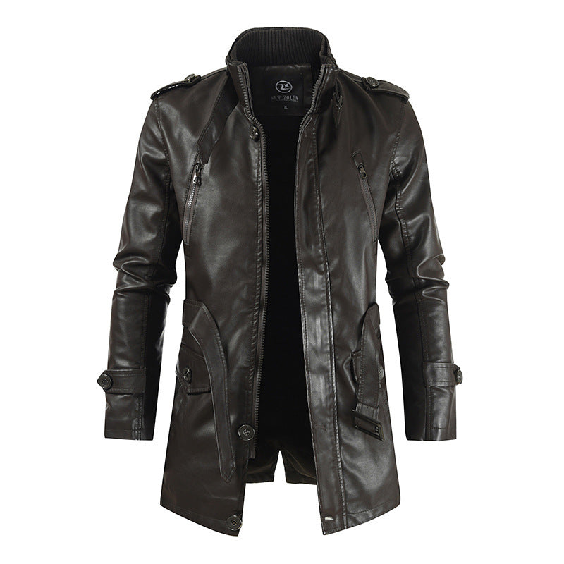 Men’s Mid-length Leather Coat Stand Collar Fleece-lined Thickened - Brown / L