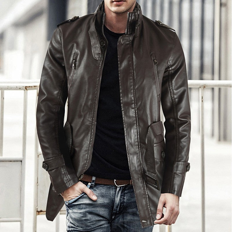 Men’s Mid-length Leather Coat Stand Collar Fleece-lined Thickened