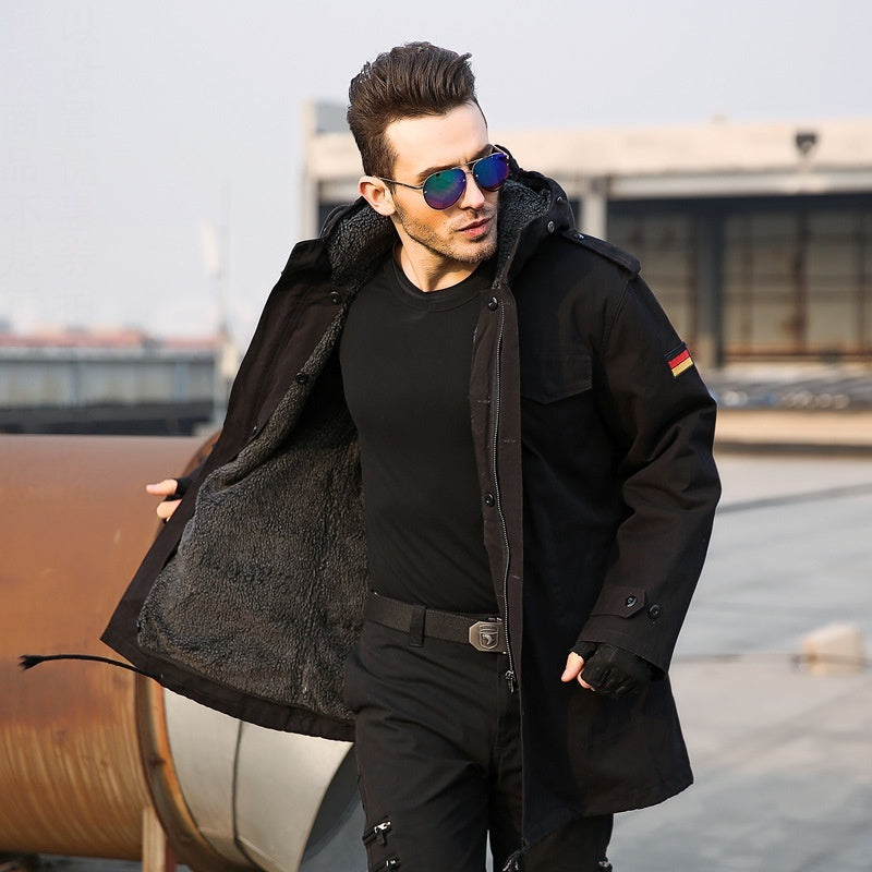 Men’s Military Fan Trench Hooded Stand Collar Cotton Coat - Black / M