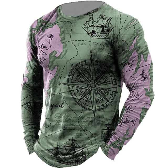 Men’s Nautical Compass Pattern Crewneck Long Sleeve T-shirt Loose Sailing Enthusiast Long T - Green / XS