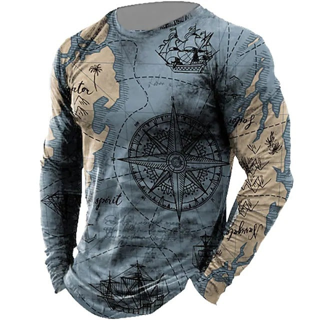Men’s Nautical Compass Pattern Crewneck Long Sleeve T-shirt Loose Sailing Enthusiast Long T - Blue / XS