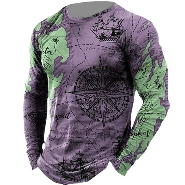 Men’s Nautical Compass Pattern Crewneck Long Sleeve T-shirt Loose Sailing Enthusiast Long T - Purple / XS