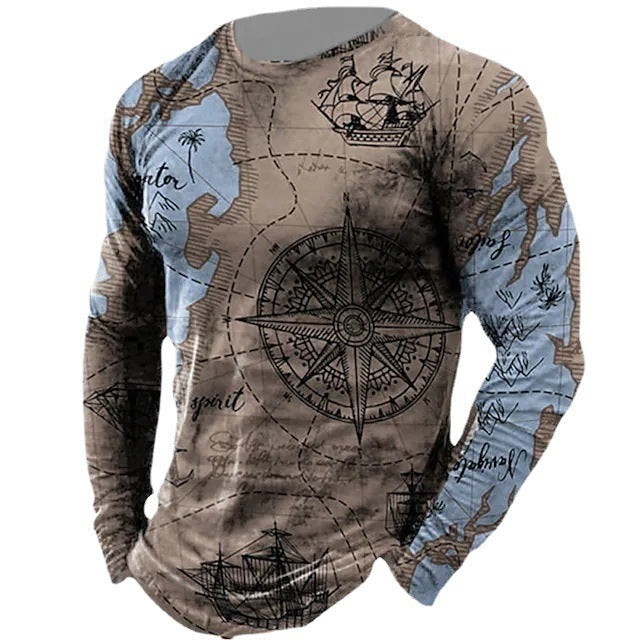 Men’s Nautical Compass Pattern Crewneck Long Sleeve T-shirt Loose Sailing Enthusiast Long T - Grey / XS