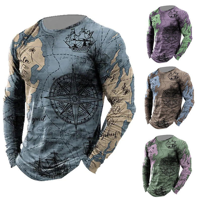 Men’s Nautical Compass Pattern Crewneck Long Sleeve T-shirt Loose Sailing Enthusiast Long T